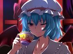  bat_wings blue_hair blush cup hat one_eye_closed red_eyes remilia_scarlet short_hair solo teacup touhou wings yagami_(mukage) 