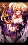  absurdres arms_up bad_id bad_pixiv_id blonde_hair blush breasts cleavage dress full-face_blush highres knife large_breasts letterboxed long_hair midriff open_mouth purple_dress purple_eyes s-syogo solo tears thighhighs torn_clothes touhou white_legwear yakumo_yukari you_gonna_get_raped 