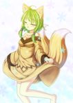  animal_ears blush borrowed_character breasts closed_eyes dress fox_ears fox_tail green_hair highres medium_breasts minaha_(playjoe2005) multiple_tails original shiina_isana skirt_hold solo tail 