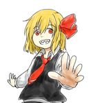  blonde_hair blouse foreshortening grin hair_ribbon looking_at_viewer necktie red_eyes red_neckwear ribbon rumia sharp_teeth short_hair simple_background smile solo suica.suika teeth touhou vest white_background 