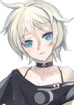  alternate_hair_length alternate_hairstyle bare_shoulders blonde_hair blue_eyes choker ia_(vocaloid) looking_at_viewer parted_lips pupps short_hair simple_background smile solo vocaloid 