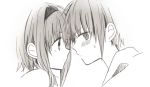  1boy 1girl anzu_(o6v6o) blush dual_persona face-to-face from_side genderswap genderswap_(ftm) greyscale gumi gumiya hairband looking_at_another looking_at_viewer monochrome profile short_hair_with_long_locks sideways_glance sweatdrop v-shaped_eyebrows vocaloid 