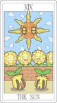  english_text group looking_at_viewer miji nintendo pok&#233;mon smile solrock sunflora sunkern tarot_card text unknown_artist video_games 