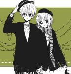  1boy 1girl :o adjusting_clothes adjusting_hat anzu_(o6v6o) bangs beret cardigan dual_persona fedora genderswap genderswap_(ftm) glasses green_background gumi gumiya hand_holding hat hetero high_contrast long_sleeves looking_at_viewer multiple_monochrome pants scarf selfcest short_hair_with_long_locks skirt skirt_hold striped striped_scarf tangle thread vertical-striped_pants vertical_stripes vocaloid 