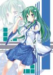  bare_shoulders blue_eyes blush breasts detached_sleeves frog_hair_ornament green_hair hair_ornament highres kochiya_sanae large_breasts long_hair long_sleeves oruto_(ort+) shirt skirt snake solo touhou wide_sleeves zoom_layer 