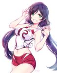  artist_name bittersweet_(dalcoms) green_eyes grin gym_shorts hair_ribbon highres jersey long_hair looking_at_viewer love_live! love_live!_school_idol_project navel purple_hair ribbon shirt short_shorts shorts smile solo teeth tied_shirt toujou_nozomi twintails white_background 