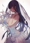  adjusting_hair ask_(askzy) bare_shoulders black_hair bouquet breasts cleavage closed_eyes dress flower from_side hand_in_hair holding kill_la_kill kiryuuin_satsuki large_breasts lily_(flower) long_hair petals profile rose see-through solo veil very_long_hair wedding_dress white_background white_flower white_rose 