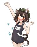  ;d amonitto animal_ears arm_up blush brown_hair cat_ears cat_tail chen collarbone ear_piercing hat jewelry looking_at_viewer mob_cap multiple_tails nekomata one-piece_swimsuit one_eye_closed open_mouth paw_print piercing red_eyes school_swimsuit simple_background single_earring smile solo swimsuit tail touhou white_background 