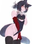  1girl animal_ears arknights asymmetrical_gloves bare_shoulders black_hair cat_ears cat_girl cat_tail commentary_request cowboy_shot cutout_above_navel gloves goggles goggles_on_head hand_on_own_chest hand_under_clothes kochiya_(gothope) leotard mismatched_gloves partial_commentary red_eyes red_gloves rockrock_(arknights) tail white_gloves 