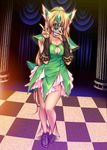  1girl adapted_object anachronism blonde_hair boots breasts cellphone chocolate_bar cleavage full_body large_breasts long_hair md5_mismatch phone riesz seiken_densetsu seiken_densetsu_3 self_shot skirt smartphone solo v 