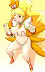  adapted_costume alternate_costume alternate_form blonde_hair blush boots breasts choker coconut_samba covered_nipples cure_honey earrings feathers green_choker happinesscharge_precure! highres jewelry large_breasts long_hair magical_girl navel one_eye_closed oomori_yuuko open_mouth orange_footwear panties plump precure revealing_clothes samba smile solo thong tof underwear very_long_hair wavy_hair yellow_background yellow_eyes 