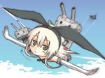  :3 aircraft airplane bad_id bad_pixiv_id blonde_hair elbow_gloves f-22_raptor flying gloves green_eyes hairband jet kantai_collection long_hair missile228 rensouhou-chan shimakaze_(kantai_collection) solo white_gloves 