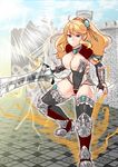  1girl armor blonde_hair blue_eyes breasts cleavage jewelry knight large_breasts long_hair lots_of_jewelry meri_(artist) merixiru solo sword warrior weapon 