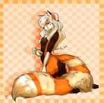  abstract_background anthro blonde_hair blue_eyes breasts butt chest_tuft claws coffee cup female fluffy fur hair kikimochan kneeling long_hair looking_at_viewer mammal markings nude orange_fur paws pose red_panda redd shadow side_boob solo tongue tongue_out tuft 