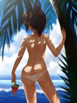  back blur brown_hair butt_crack dappled_sunlight day food from_behind fruit highres holding i-401_(kantai_collection) kantai_collection looking_away majicjiang outdoors palm_tree panties ponytail popsicle see-through shade short_hair short_ponytail solo sparkle sunlight sweat tan tanline topless tree tree_shade underwear underwear_only watermelon_bar white_panties 