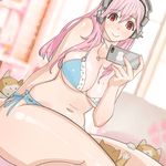  :&gt; bikini blue_bikini breasts cat cellphone headphones iphone large_breasts long_hair mole mole_on_breast nitroplus phone pink_crown pink_hair plump red_eyes self_shot smartphone solo super_sonico swimsuit 