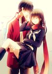  1girl black_hair carrying closed_eyes couple fringe_trim hair_ornament hairclip hetero ikasumi_kurou kagerou_project kisaragi_shintarou long_hair princess_carry red_scarf scarf school_uniform short_hair smile tateyama_ayano tears 