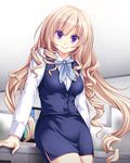  :&gt; aocchi blonde_hair blush long_hair office_lady pencil_skirt peropero_saimin purple_eyes side_slit skirt smile solo vest 