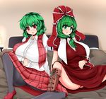  :o bed black_legwear boots breasts dress green_eyes green_hair hair_ribbon huge_breasts hydrant_(kasozama) kagiyama_hina kazami_yuuka lamp leg_up long_hair looking_at_viewer mary_janes multiple_girls panties panties_under_pantyhose pantyhose plaid plaid_skirt plaid_vest red_eyes red_footwear ribbon shiny shiny_skin shirt shoes sitting skirt touhou underwear vest white_shirt 