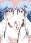  alternate_breast_size anger_vein angry asymmetrical_docking blue_hair blush breast_contest breast_envy breast_press breasts commentary_request dual_persona eye_contact face-to-face flat_chest heart hinanawi_tenshi large_breasts long_hair looking_at_another multiple_girls red_eyes shirt sweat takorice touhou translation_request wavy_mouth 
