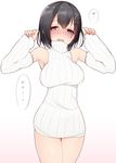  bad_id bad_pixiv_id black_hair blush breasts brown_eyes cosplay detached_sleeves dress haguro_(kantai_collection) hair_ornament hands_up highres kantai_collection large_breasts naked_sweater nekoume open_mouth ribbed_dress ribbed_sweater seaport_hime seaport_hime_(cosplay) shinkaisei-kan short_dress short_hair simple_background sleeveless sleeveless_turtleneck smile solo sweater sweater_dress translated turtleneck white_background 