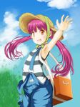  :d arm_up armpits breasts cloud cooler daishikyougawa_kurumiko day grass hand_up hat highres kanojo_ga_flag_wo_oraretara open_mouth orange_eyes overalls pink_hair pnkts shirt sky small_breasts smile solo strap_slip straw_hat striped striped_shirt 