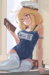  arm_support armband blonde_hair blue_eyes book breasts cleavage commentary_request dated glasses hat i-8_(kantai_collection) kantai_collection long_hair medium_breasts one-piece_swimsuit reading school_swimsuit sitting solo swimsuit thighhighs toro_(konirio) white_legwear yokozuwari 