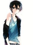  belt black_eyes black_hair casual highres jianmo_sl kirito male_focus open_clothes open_shirt shirt smile sword_art_online undershirt 