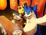  ampharos bowl camera chopsticks cute food nintendo noodles pok&#233;mon pok&eacute;mon rikuaoshi selfie table typhlosion video_games 