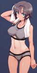  arms_up black_hair blue_eyes blush bra breasts cowboy_shot food grey_bra grey_panties large_breasts looking_at_viewer mouth_hold navel null_(nyanpyoun) one-piece_tan panties popsicle short_hair simple_background solo sports_bra standing sweat tan tanline towel underwear underwear_only 