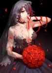  ask_(askzy) bare_shoulders black_background black_dress black_hair bouquet breasts choker cleavage covered_mouth cowboy_shot dress flower hair_between_eyes hand_to_own_mouth hand_up holding holding_bouquet kill_la_kill lace looking_at_viewer matoi_ryuuko medium_breasts multicolored_hair petals purple_eyes red_flower red_hair red_ribbon red_rose ribbon rose short_hair solo strapless strapless_dress two-tone_hair veil 