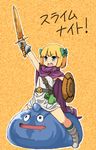  :d bianca's_daughter blonde_hair blue_eyes blush bow cape dragon_quest dragon_quest_v full_body gloves hair_bow highres nishimura_(prism_engine) open_mouth shield short_hair slime_(dragon_quest) smile sword weapon 