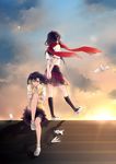  bike_shorts domonekoteki enomoto_takane fringe_trim highres kagerou_project multiple_girls origami paper_crane red_scarf scarf sunset sweater_vest tateyama_ayano twintails 