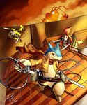  ampharos attack_on_titan charmeleon crossover dragonite happy male nintendo pok&eacute;mon rikuaoshi rooftop scarf sword typhlosion video_games weapon 