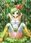  bdsm blush bondage boots bound bound_wrists breasts brown_eyes cleavage crown elbow_gloves flower garter_straps gloves green_hair hair_flower hair_ornament highres jewelry large_breasts legs lilligant mini_crown necklace open_mouth panties pantyshot pantyshot_(sitting) personification pokemon ribbon ribbon_bondage sitting skirt solo spread_legs thighhighs thighs underwear white_legwear white_panties yukimura_chisa 