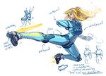  blonde_hair commentary design directional_arrow english flying_kick kicking metroid samus_aran solo super_smash_bros. susan_lau thrusters zero_suit 