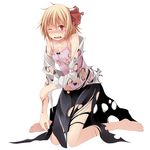  1girl barefoot bleeding blonde_hair blood blush fang feet highres injury open_mouth red_eyes rumia s-syogo scar short_hair solo tears toes torn_clothes touhou 