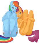  anthro anus blue_fur clitoris companioncube cub cutie_mark duo equine female foot_focus friendship_is_magic fur hair hands horse human_feet legs_up mammal multi-colored_hair my_little_pony open_mouth orange_fur pink_eyes plain_background plantigrade pony purple_eyes pussy rainbow_dash_(mlp) scootaloo_(mlp) sitting soles toes white_background young 