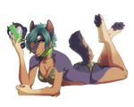  bikini blue_fur brown_fur canine digitigrade dog female fur gas_mask green_hair hair hindpaw kitsunebi legs_up looking_at_viewer lying mammal on_front pawpads paws plain_background smile soles solo swimsuit toes 