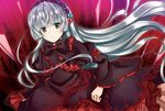  bad_id bad_pixiv_id bangs blunt_bangs bow chin_strap dress flower frills gosick gosick_red green_eyes lolita_fashion long_hair long_sleeves looking_at_viewer parted_lips red_background ribbon silver_hair solo standing tooda_riko very_long_hair victorica_de_blois 