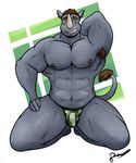  abs abstract_background anthro armpit_hair armpits biceps big_muscles brown_hair bulge facial_hair furrydanders green_eyes hair horn kneeling looking_at_viewer male mammal muscles nipples pecs plain_background rhinoceros smile solo teeth topless 