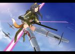  absurdres aerial_battle aircraft airplane animal_ears backpack bag battle fox_ears fox_tail glasses gun highres hu_sea ki-49_donryuu lens_flare letterboxed machine_gun military military_uniform navel neuroi panties side-tie_panties solo strike_witches striker_unit suwa_amaki tail underwear uniform weapon white_panties world_witches_series 