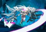  :o akito1179 bikini_top black_rock_shooter boots burning_eye fighting_stance glowing glowing_eye holding holding_weapon jacket long_hair long_sleeves mechanical_wings midriff navel open_mouth red_eyes scythe shorts solo thighhighs twintails weapon white_hair white_legwear white_rock_shooter wings 