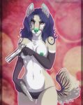  blue_hair breasts brown_fur canine female fur green_nose gun hair kitsunebi looking_at_viewer mammal nipples nippples panties pistol ranged_weapon red_eyes solo stripes topless underwear weapon wolf 