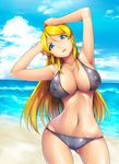  armpits arms_up ayase_eli beach bikini black_bikini blonde_hair blue_eyes breasts cameltoe cleavage cloud covered_nipples day highres large_breasts light_smile long_hair looking_at_viewer love_live! love_live!_school_idol_project navel solo swimsuit wide_hips yuuki1103 