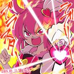  aino_megumi bow burning_eye clenched_hand cure_lovely fire happinesscharge_precure! pink_bow pink_eyes pink_hair ponytail precure solo watch wristwatch yoshimune 