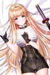  aile_(crossroads) bare_shoulders belt blonde_hair blush breasts choker corset cosplay frills gloves green_eyes helena_k_sink large_breasts long_hair looking_at_viewer lying on_back shorts sita_vilosa sita_vilosa_(cosplay) smile solo sword sword_girls very_long_hair weapon 