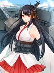  bare_shoulders black_hair breasts cannon detached_sleeves fusou_(kantai_collection) hair_ornament highres japanese_clothes kantai_collection large_breasts long_hair moka08 nontraditional_miko red_eyes skirt smile solo turret 