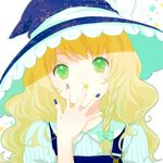  :o blonde_hair bow braid fingernails green_eyes hair_bow hand_on_own_face hat highres kirisame_marisa long_hair looking_at_viewer nail_polish ribbon simple_background solo sparkle star starry_background touhou witch_hat witoi_(roa) 