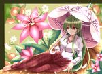  bad_id bad_pixiv_id barefoot breasts cleavage flower green_hair kazami_yuuka kazami_yuuka_(pc-98) long_hair medium_breasts pants plaid plaid_pants red_eyes smile solo touhou touhou_(pc-98) umbrella wendell 